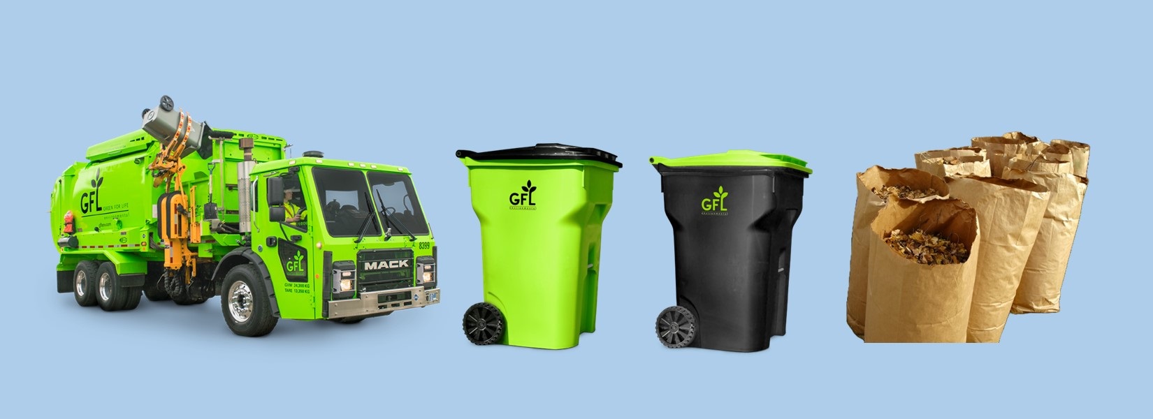 banner with garbage truck, carts and bagged yard waste