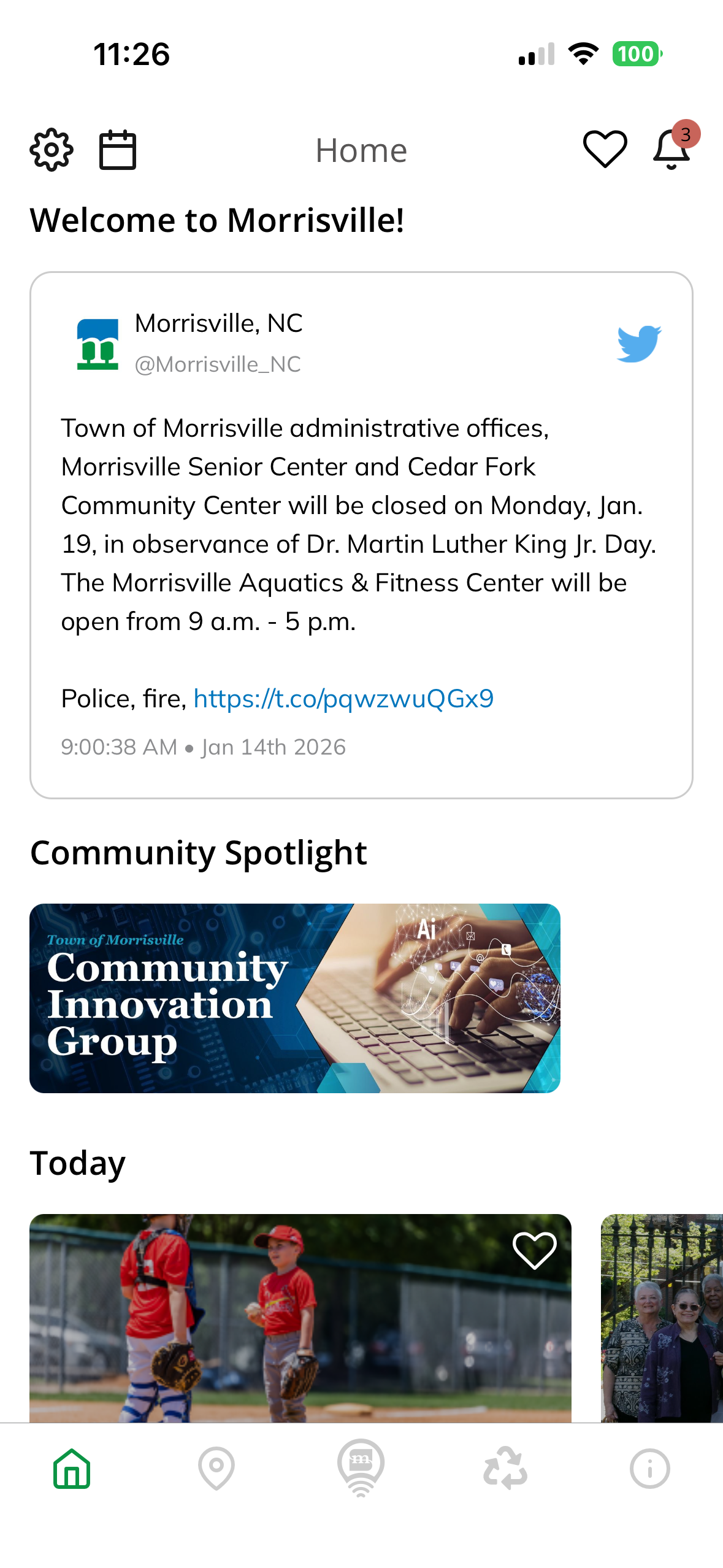 Mobile app screen showing the Morrisville home page with a tweet about town facility closures for Martin Luther King Jr. Day, a “Community Spotlight” banner for the Community Innovation Group, and a “Today” section with images of local activities.